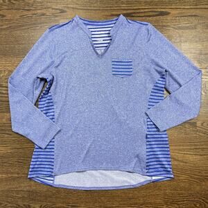 Cabela's Shirt Womens XL Blue Striped V Neck 3/4 Sleeve UPF 30 Pocket Top